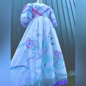 Vintage 1970s 1980s Watercolor Puff Sleeve Dress